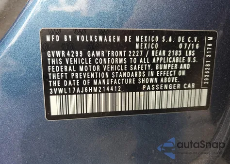 2017 Volkswagen Jetta Sel из США, поврежденный, VIN 3VWL17AJ6HM214412